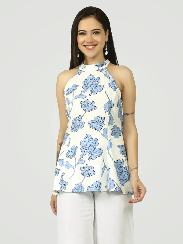 White_And_Blue_Botanical_Halter_Short_Kurti