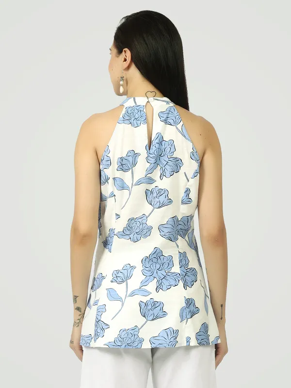 White_And_Blue_Botanical_Halter_Short_Kurti