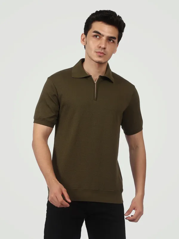 Olive_Green_Textured_Quarter_Zip_Polo_T_Shirt