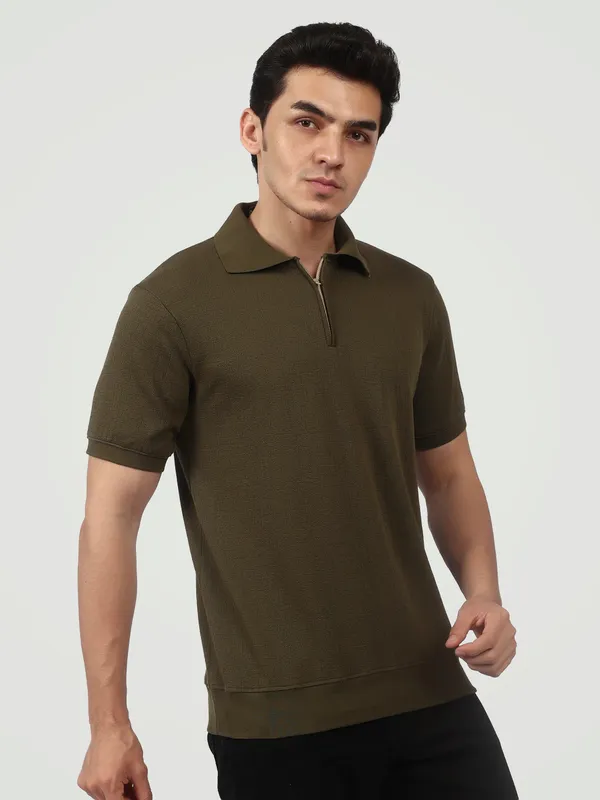 Olive_Green_Textured_Quarter_Zip_Polo_T_Shirt