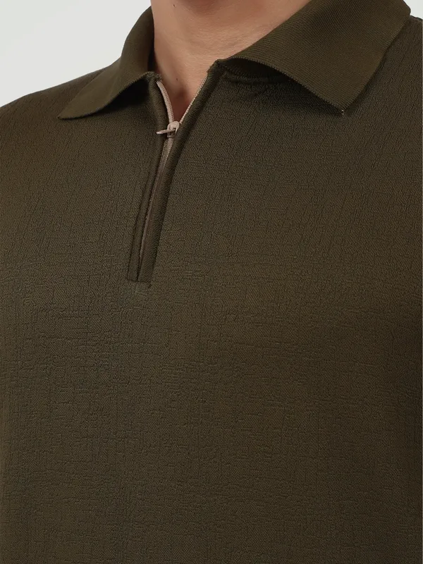 Olive_Green_Textured_Quarter_Zip_Polo_T_Shirt