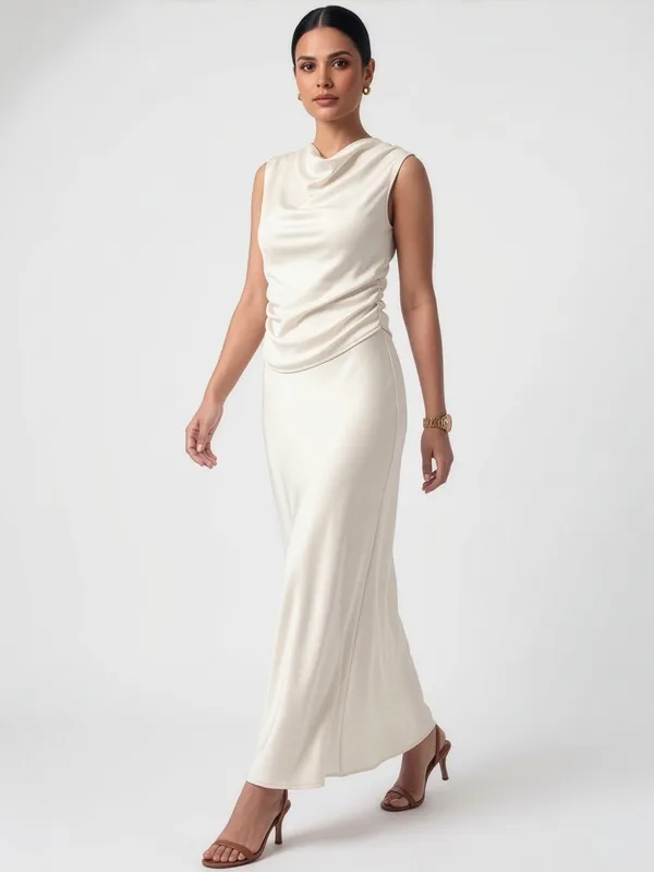 White_Pearl_Ivory_Cowl_Neck_Satin_Long_Frock