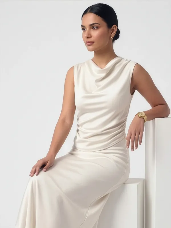 White_Pearl_Ivory_Cowl_Neck_Satin_Long_Frock