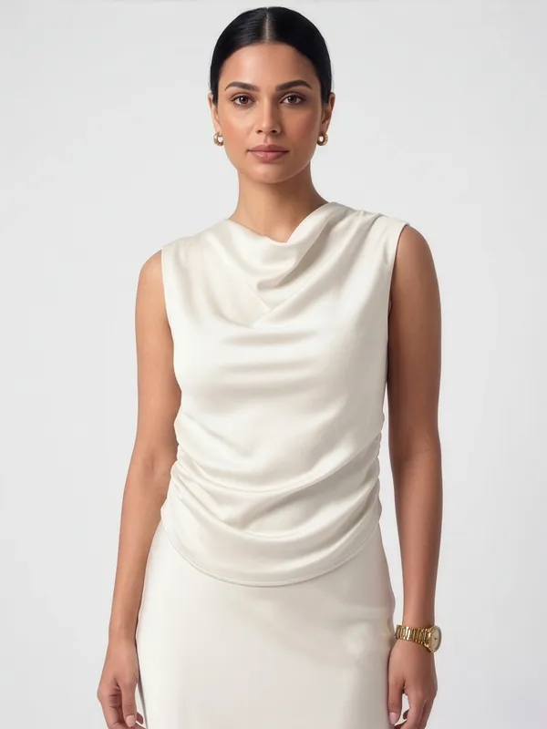 White_Pearl_Ivory_Cowl_Neck_Satin_Long_Frock