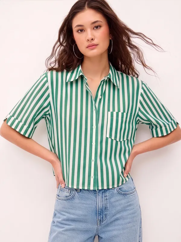 Green_And_White_Vertical_Stripe_Boxy_Fit_Cotton_Shirt_Short_Sleeves_For_Women