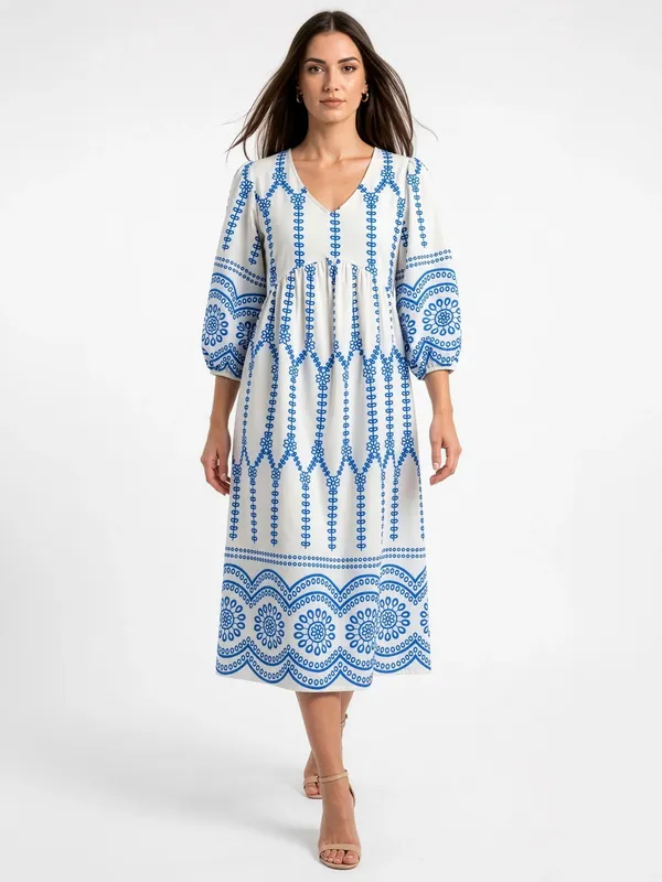 White_Blue_Embroidered_Midi_Dress_For_Women