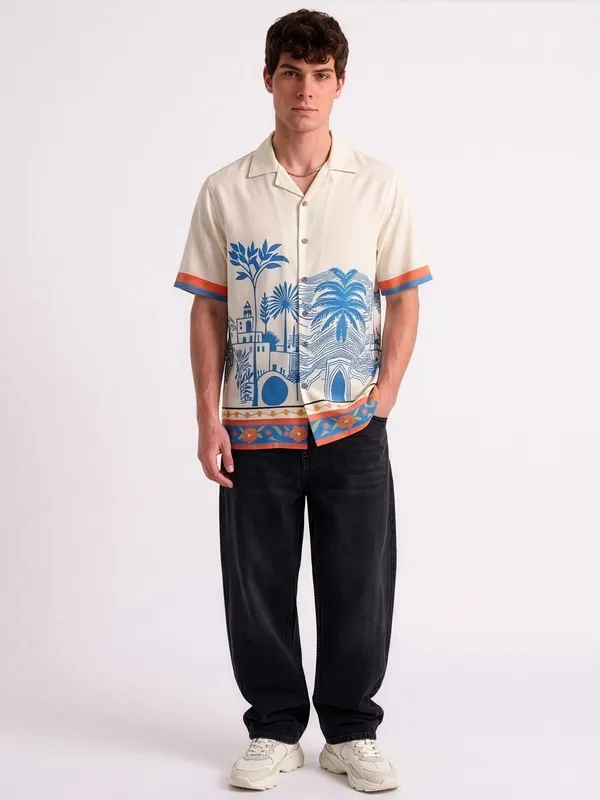 Cream_Blue_Printed_Architectural_Short_Sleeve_Shirt_For_Men