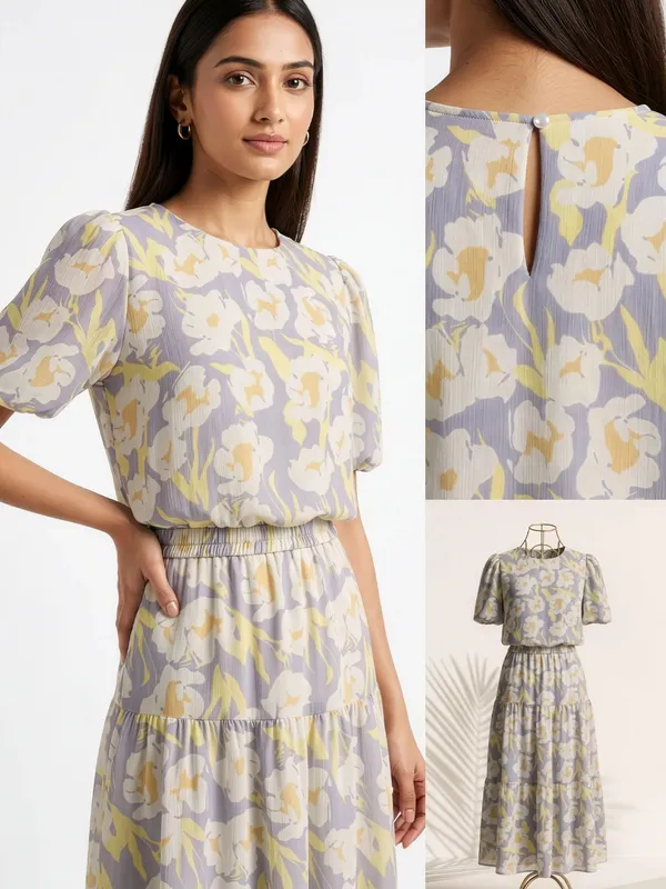 Grey_Floral_Print_Puff_Sleeve_Top_And_Tiered_Skirt_Set_For_Women