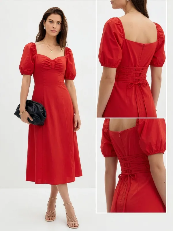 Red_Puff_Sleeve_Midi_Dress_With_Back_Tie_Detail_For_Women