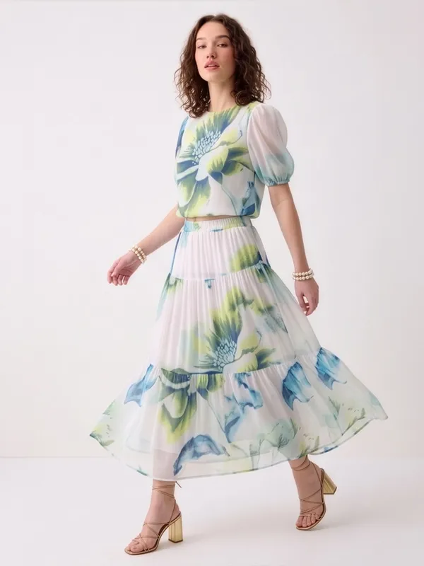 White_Floral_Print_Puff_Sleeve_Midi_Dress_For_Women