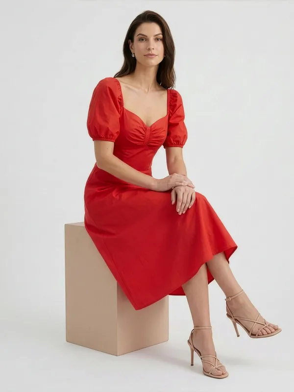 Red_Puff_Sleeve_Midi_Dress_With_Back_Tie_Detail_For_Women
