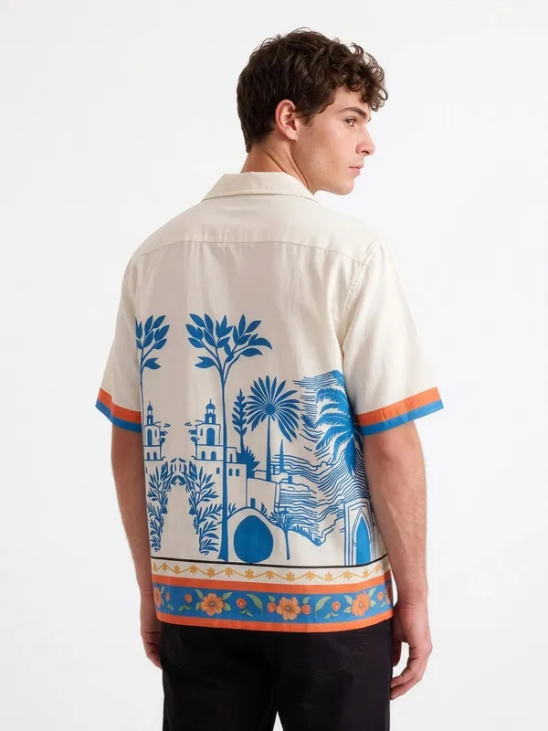 Cream_Blue_Printed_Architectural_Short_Sleeve_Shirt_For_Men