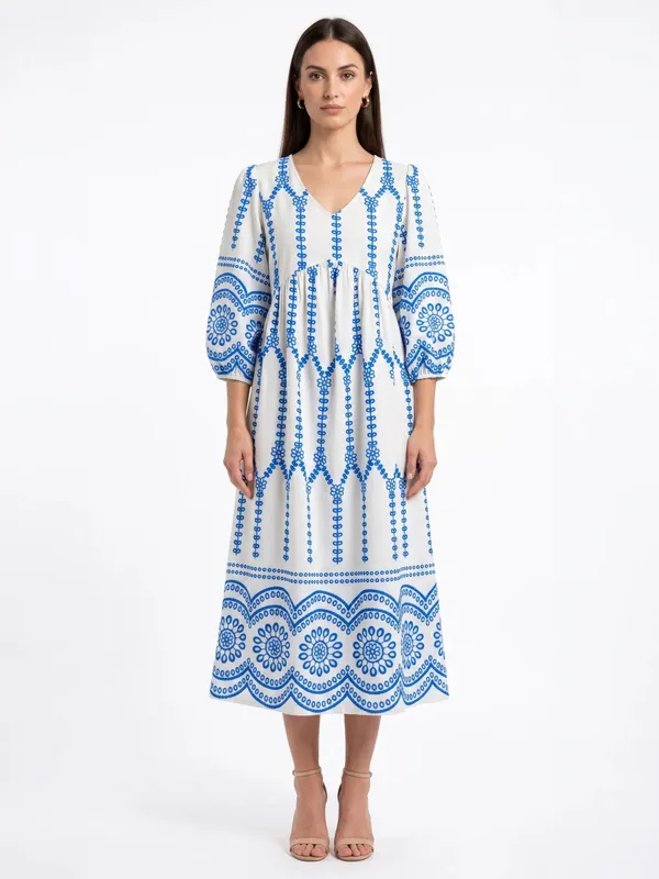 White_Blue_Embroidered_Midi_Dress_For_Women