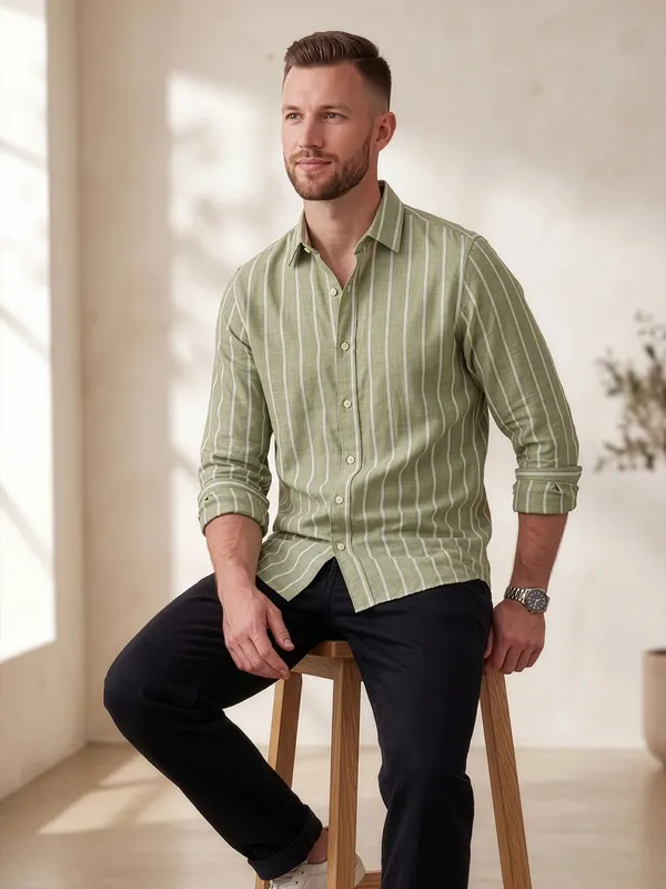 Green_Striped_Long_Sleeve_Casual_Shirt_For_Men