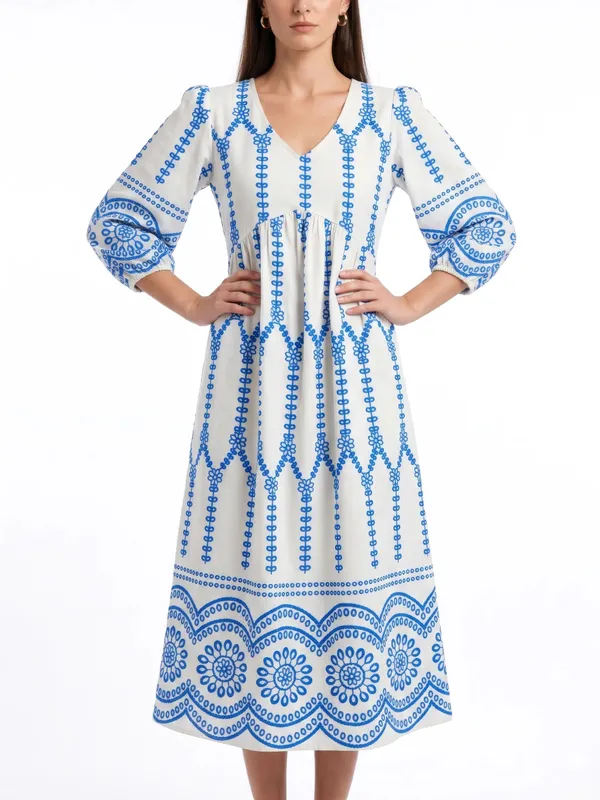 White_Blue_Embroidered_Midi_Dress_For_Women