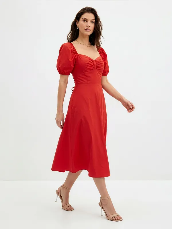 Red_Puff_Sleeve_Midi_Dress_With_Back_Tie_Detail_For_Women