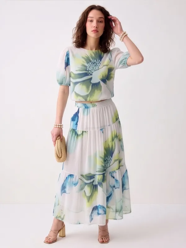 White_Floral_Print_Puff_Sleeve_Midi_Dress_For_Women