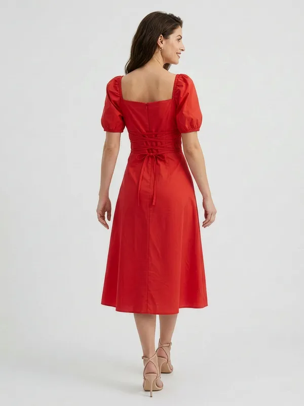 Red_Puff_Sleeve_Midi_Dress_With_Back_Tie_Detail_For_Women