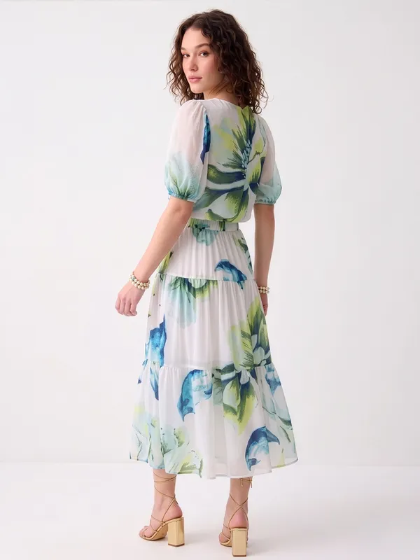 White_Floral_Print_Puff_Sleeve_Midi_Dress_For_Women