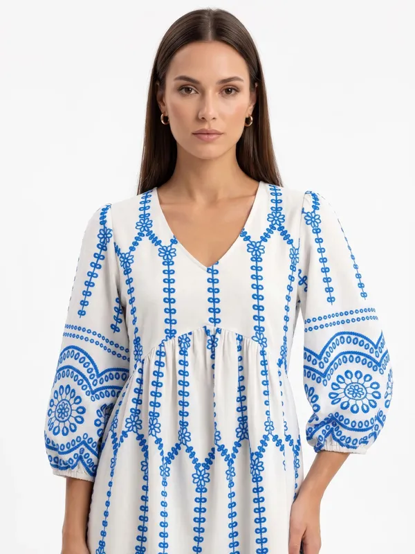 White_Blue_Embroidered_Midi_Dress_For_Women