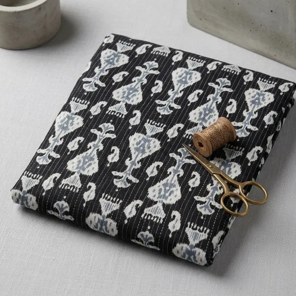 Black_And_White_Cotton_Kantha_Ikat_Printed_Fabric_For_Women