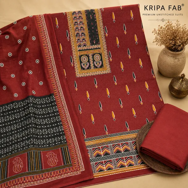Maroon_Cotton_Ikat_Unstitched_Suit_For_Women