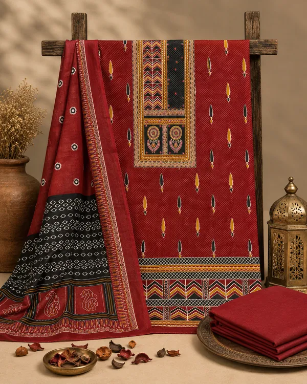 Maroon_Cotton_Ikat_Unstitched_Suit_For_Women