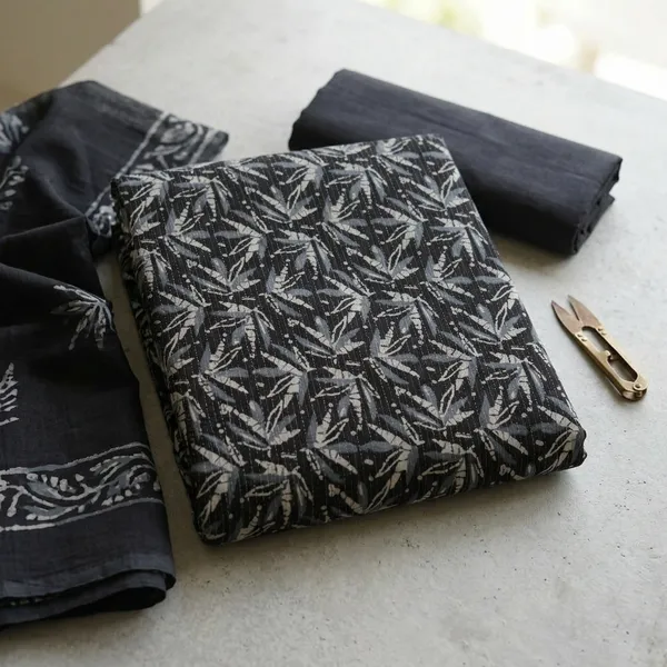 Black_Cotton_Kantha_Leaf_Textured_Printed_Fabric