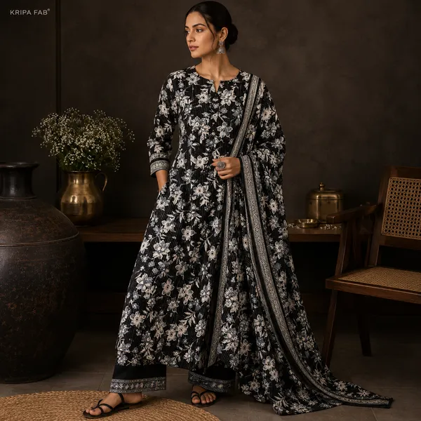 Black_Cotton_Kantha_Floral_Printed_Stripe_Fabric