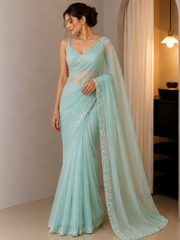 Mint_Green_Soft_Net_Sequin_Work_Saree_For_Women