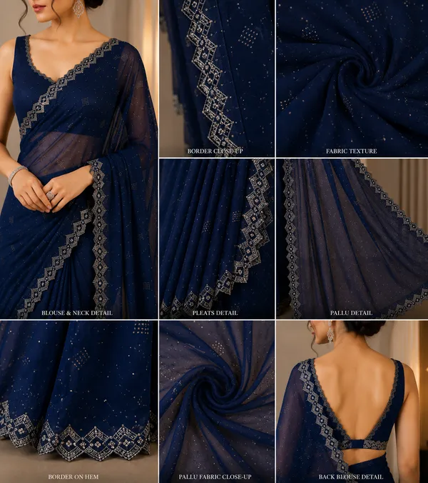 Navy_Blue_Organza_Silver_Embellished_Saree_For_Women