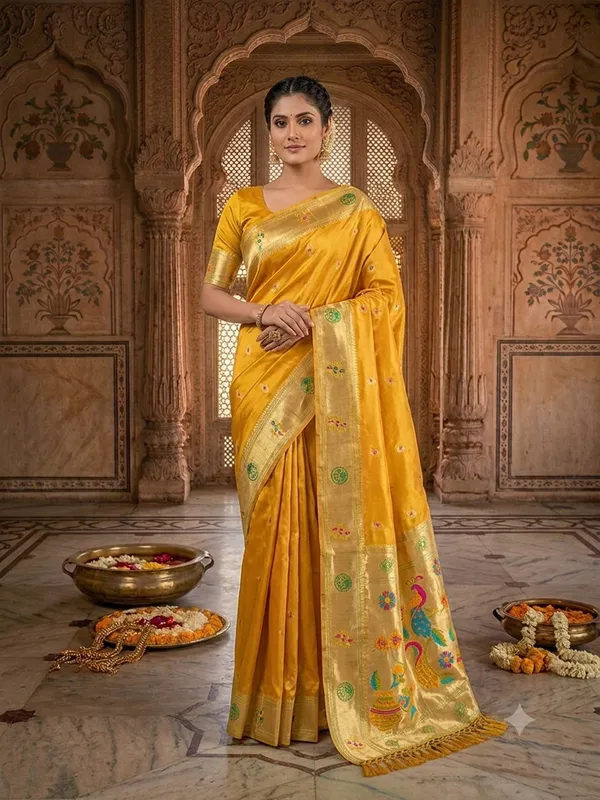 Yellow_Woven_Silk_Peacock_Motif_Zari_Saree_For_Women