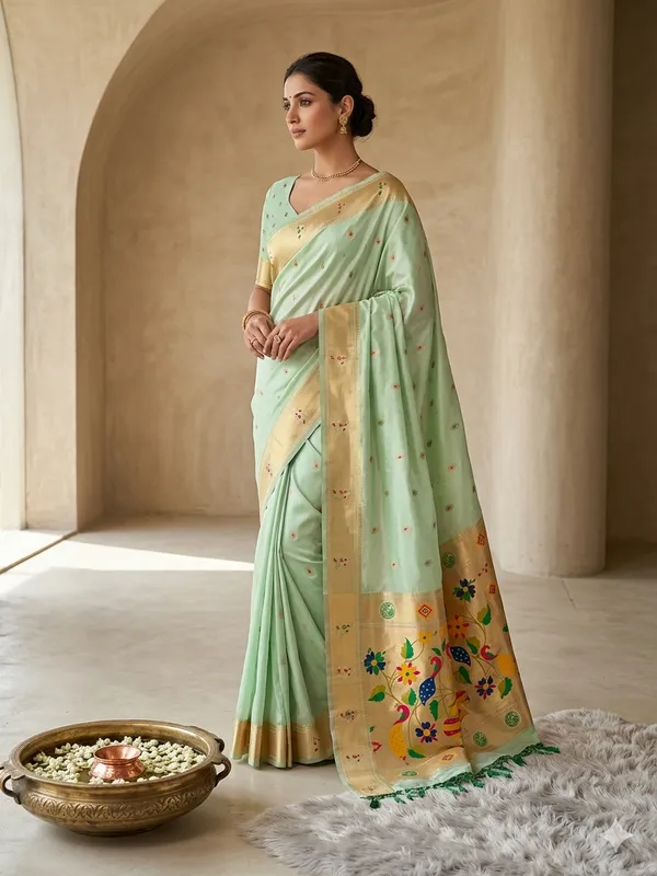 Mint_Green_Woven_Silk_Floral_Embroidered_Saree_For_Women