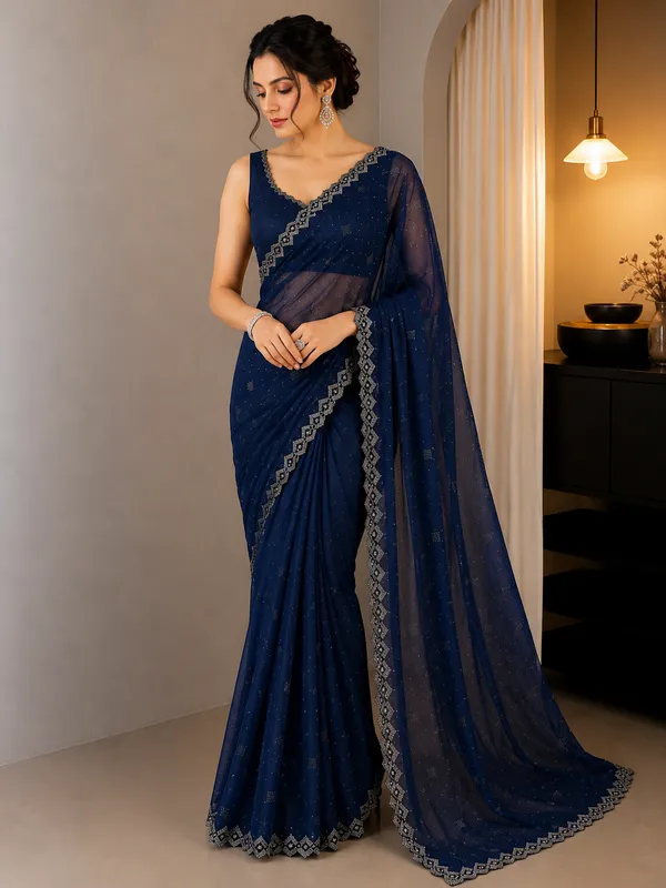 Navy_Blue_Organza_Silver_Embellished_Saree_For_Women