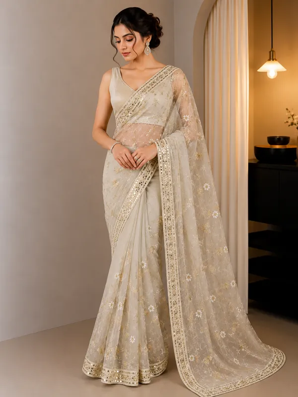 Ivory_Soft_Net_Floral_Embroidered_Sequin_Work_Saree_For_Women