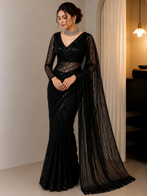 Black_Sequin_Embellished_Net_Saree_For_Women
