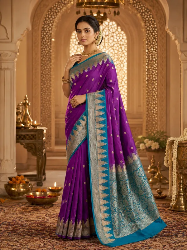 Purple_Banarasi_Woven_Silk_Zari_Turquoise_Border_Saree_For_Women