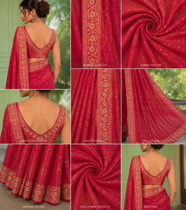 Red_Satin_Jacquard_Silk_Gold_Embroidered_Border_Saree_For_Women