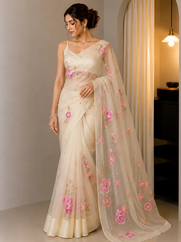 Cream_Organza_Floral_Embroidered_Saree_For_Women