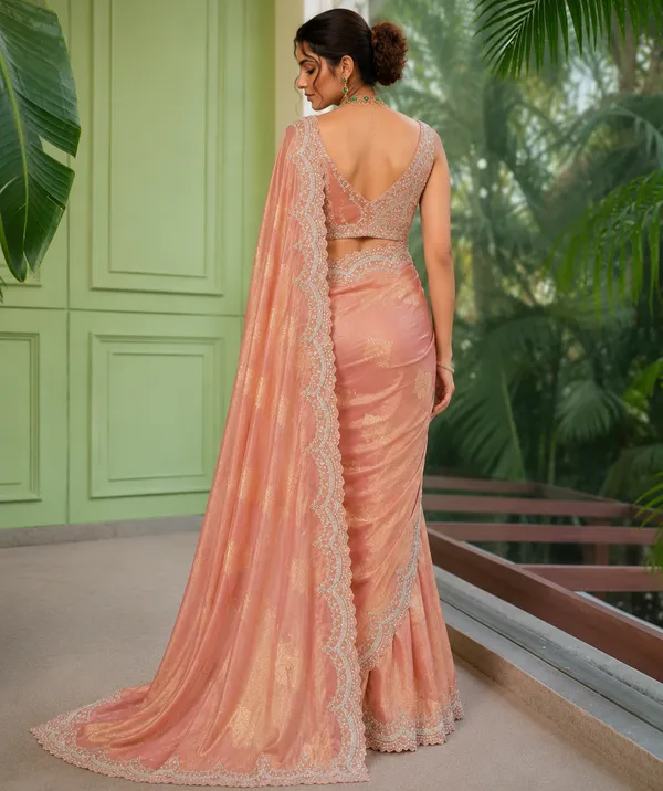 Peach_Tissue_Silk_Sequin_Embellished_Border_Saree_For_Women