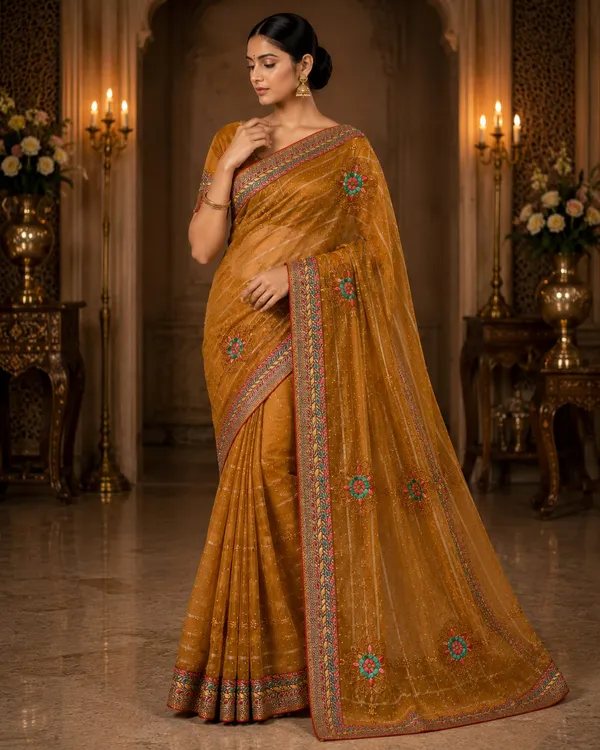 Mustard_Bloom_Designer_Organza_Saree