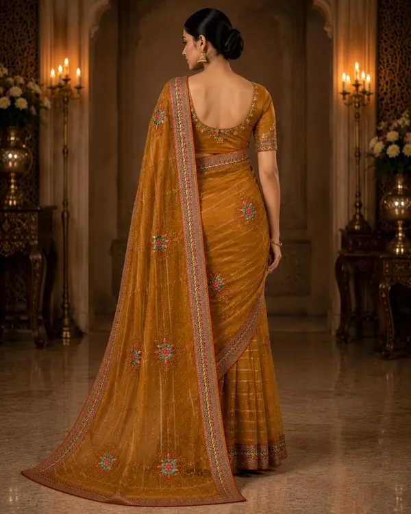 Mustard_Bloom_Designer_Organza_Saree