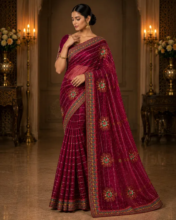 Wine_Bloom_Designer_Organza_Saree