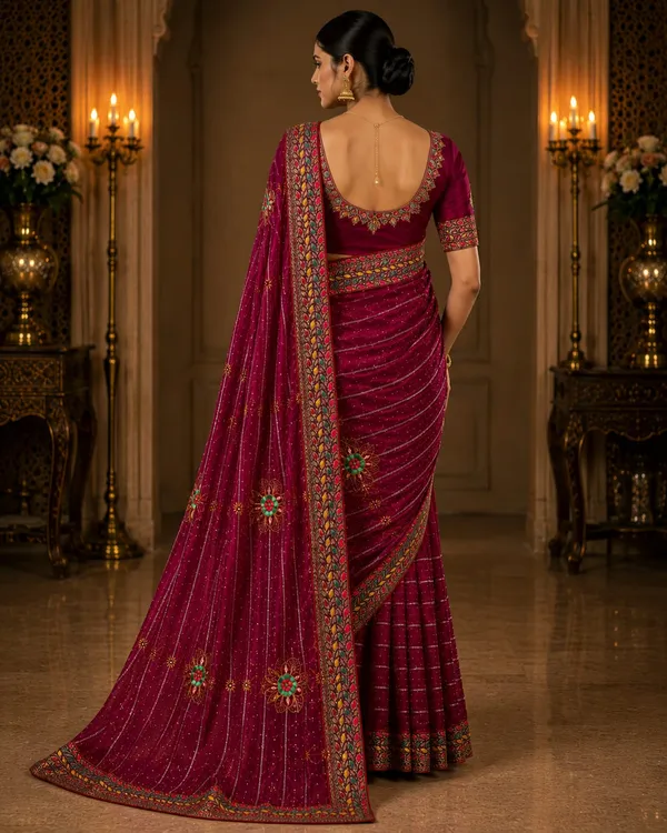 Wine_Bloom_Designer_Organza_Saree