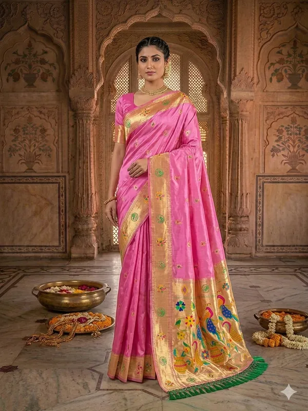 Pink_Woven_Silk_Paithani_Zari_Border_Saree_For_Women