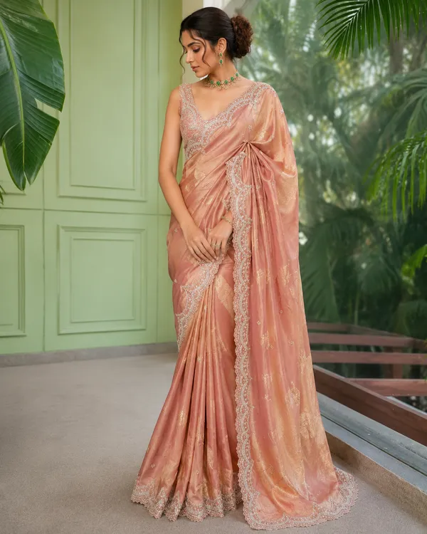 Peach_Tissue_Silk_Sequin_Embellished_Border_Saree_For_Women