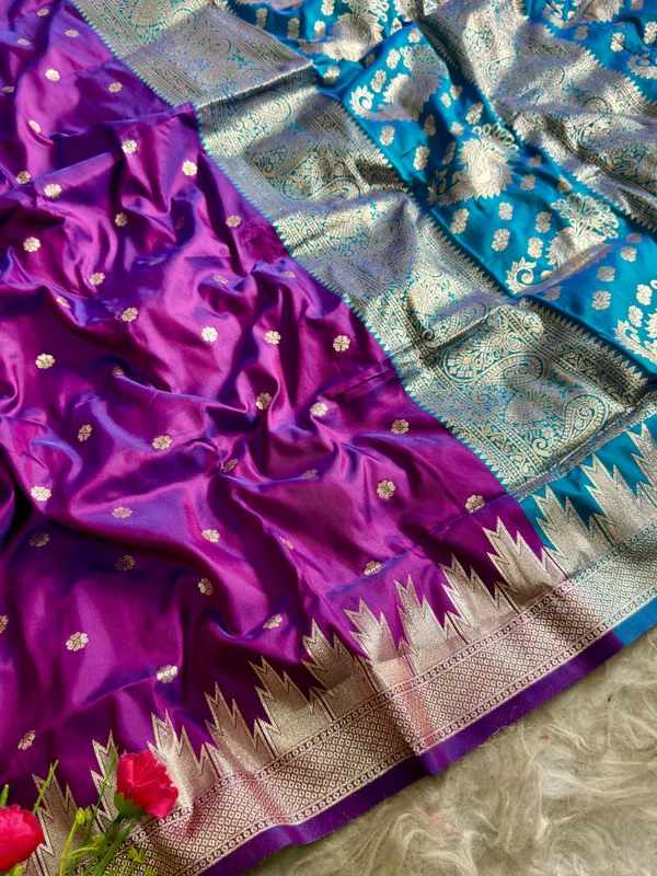 Purple_Banarasi_Woven_Silk_Zari_Turquoise_Border_Saree_For_Women