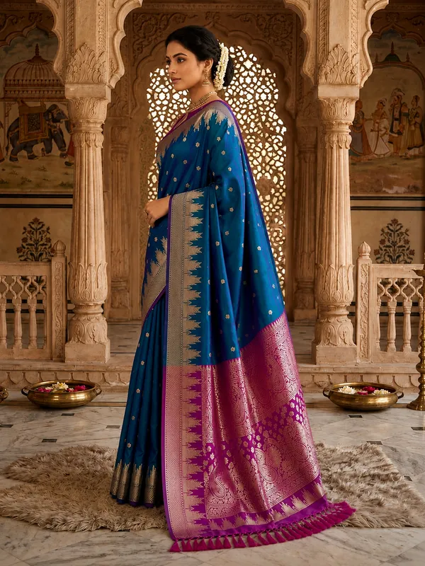 Blue_Woven_Silk_Banarasi_Zari_Border_Saree_For_Women
