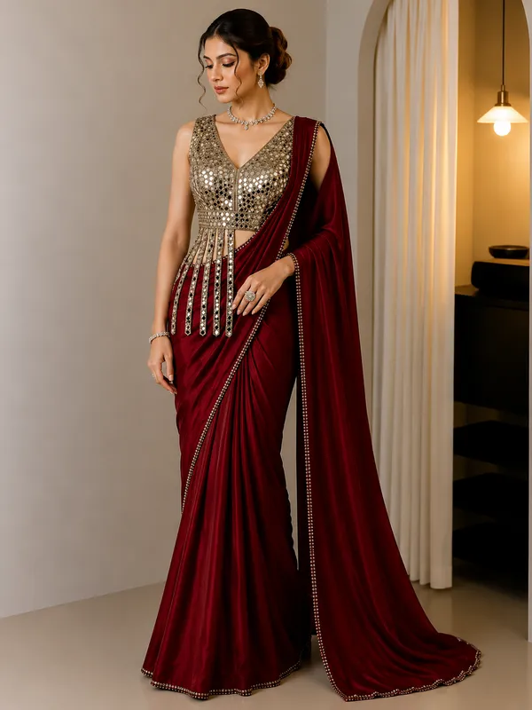 Maroon_Satin_Silk_Ready-To-Wear_Pearl_Border_Saree_For_Women
