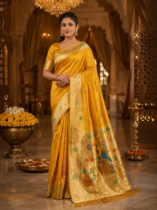 Yellow_Woven_Silk_Peacock_Motif_Zari_Saree_For_Women